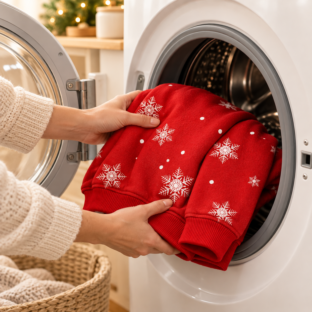 Gently placing a red Christmas sweatshirt into a washing machine