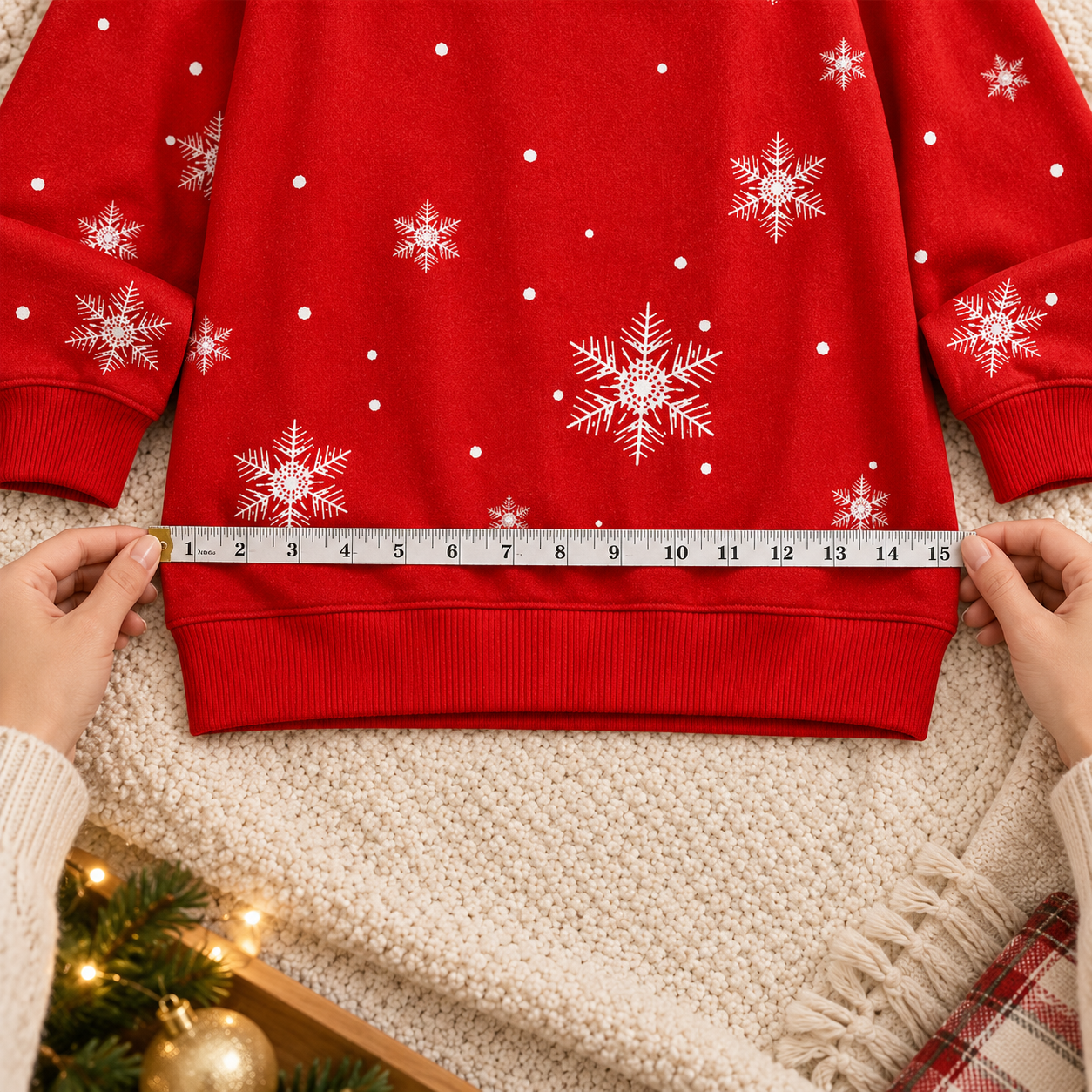 Measuring a red snowflake Christmas sweatshirt